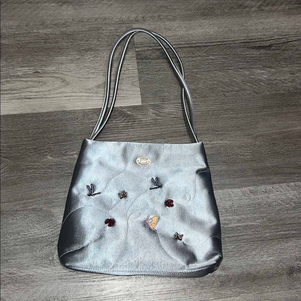 Steve Madden Vintage 2000s Silver Satin Insect Embroidered Shoulder/ Handbag. - Picture 5 of 12